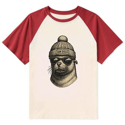San Diego Sea Lion wearing San Diego beanie with pom pom and wayfarer - Contrast Raglan T-shirt - Red