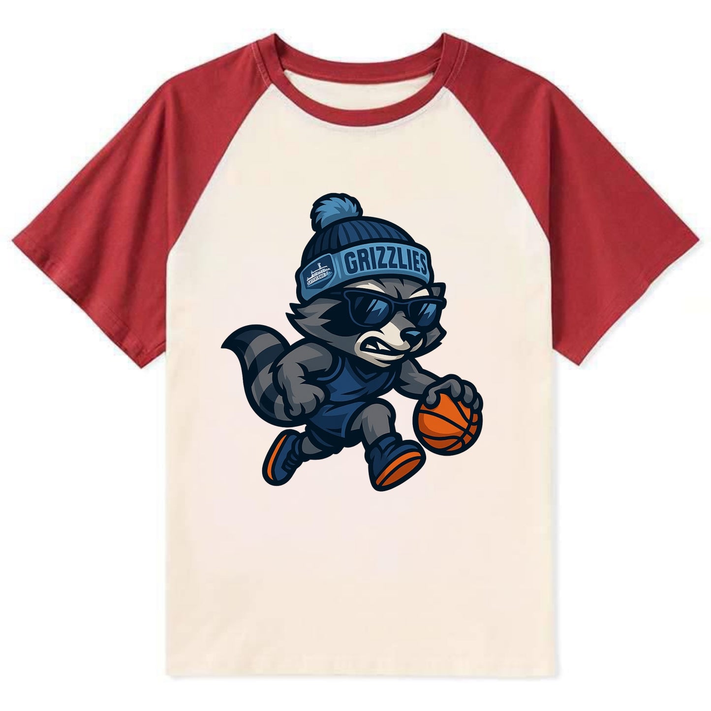 Memphis Raccoon wearing Grizzlies beanie with riverboat patch and - Contrast Raglan T-shirt - Red