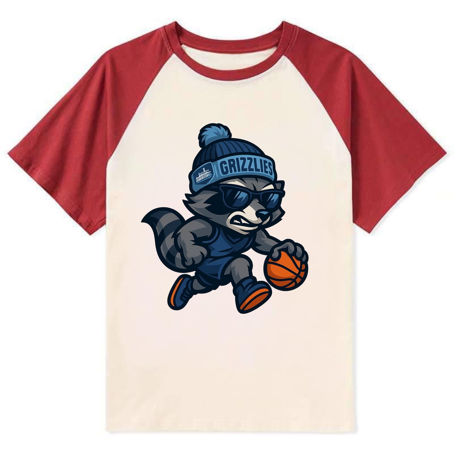 Memphis Raccoon wearing Grizzlies beanie with riverboat patch and - Contrast Raglan T-shirt - Red