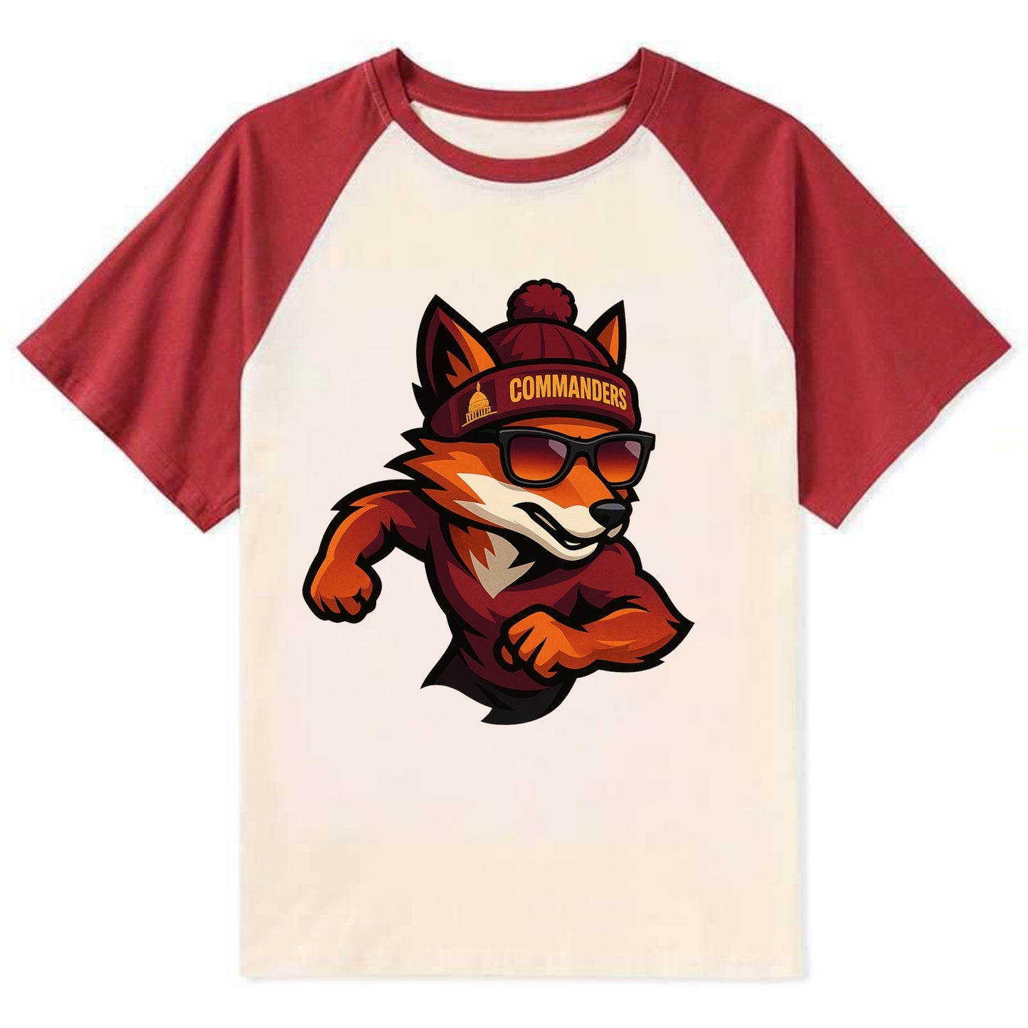 Washington Fox wearing Commanders beanie with Capitol patch and wayfarer - Contrast Raglan T-shirt - Red