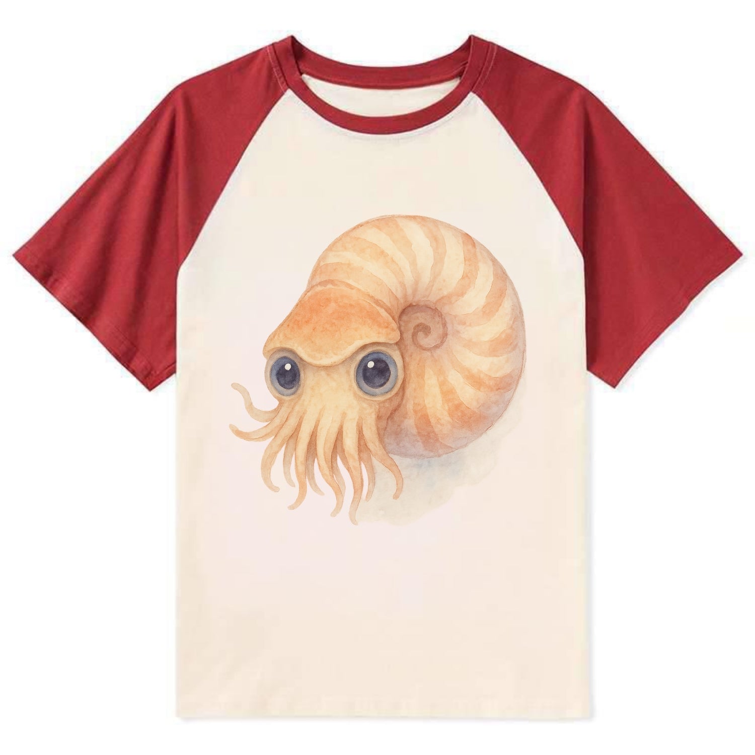 Baby Nautilus - spiral shell, tentacles peeking, ancient eyes, - Contrast Raglan T-shirt - Red