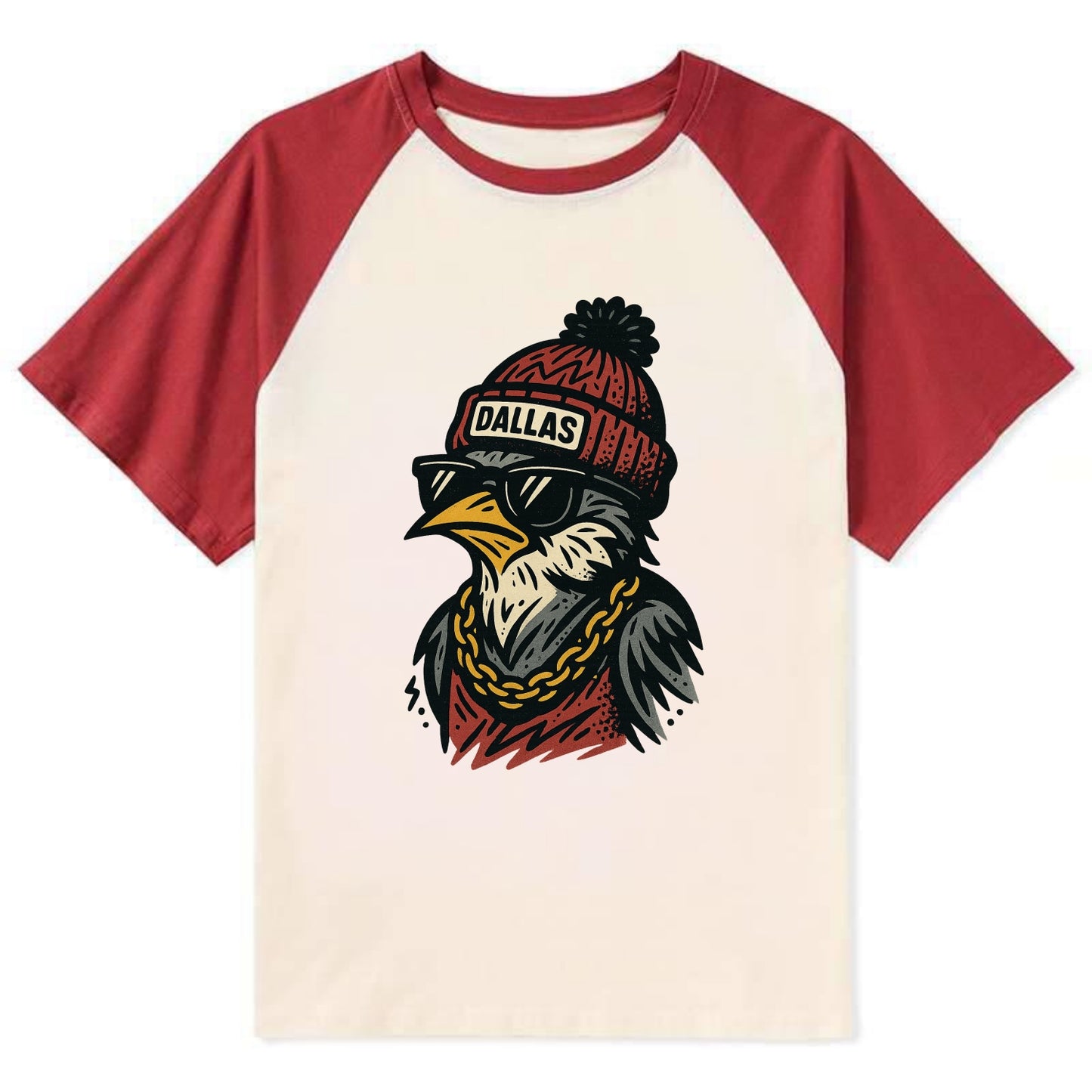 Dallas Mockingbird wearing Dallas beanie with pom pom and wayfarer - Contrast Raglan T-shirt - Red