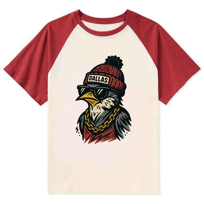 Dallas Mockingbird wearing Dallas beanie with pom pom and wayfarer - Contrast Raglan T-shirt - Red