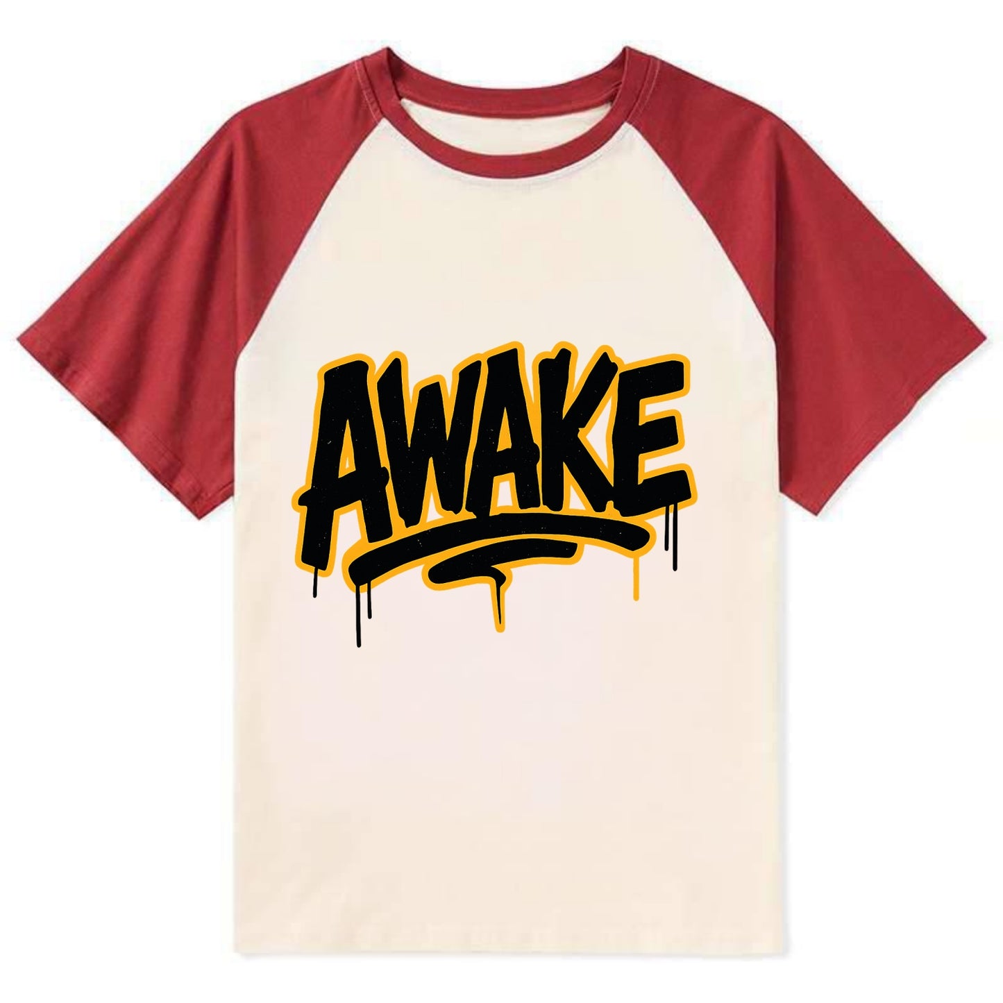 Bold typography design - "AWAKE" - conscious, aware, alert - Contrast Raglan T-shirt - Red