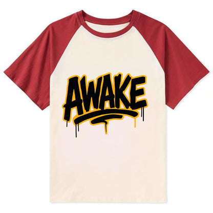 Bold typography design - "AWAKE" - conscious, aware, alert - Contrast Raglan T-shirt - Red