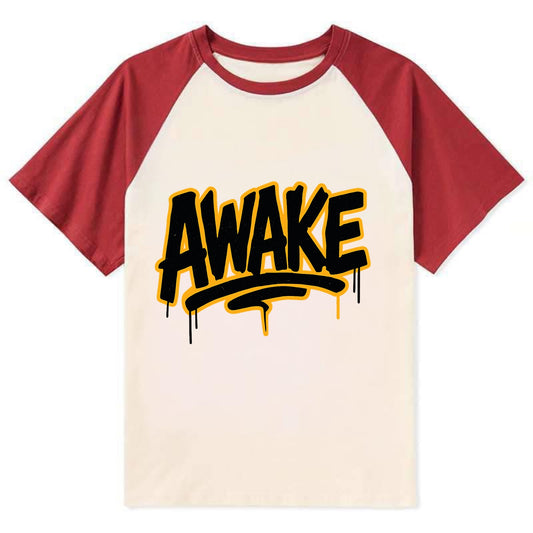 Bold typography design - "AWAKE" - conscious, aware, alert - Contrast Raglan T-shirt - Red