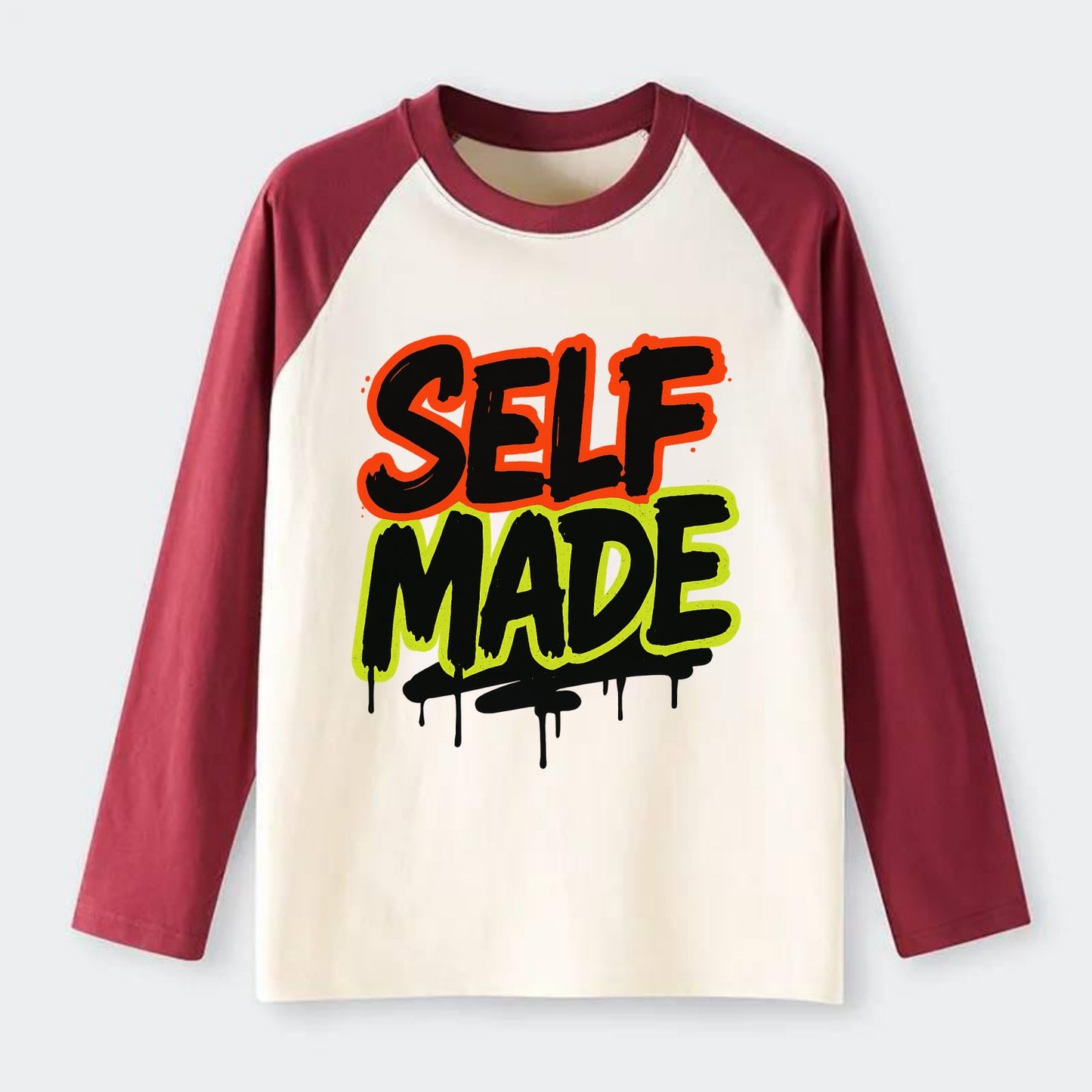 Bold typography design - "SELF MADE" - built from nothing, earned - Raglan Long Sleeve T-Shirt - Red