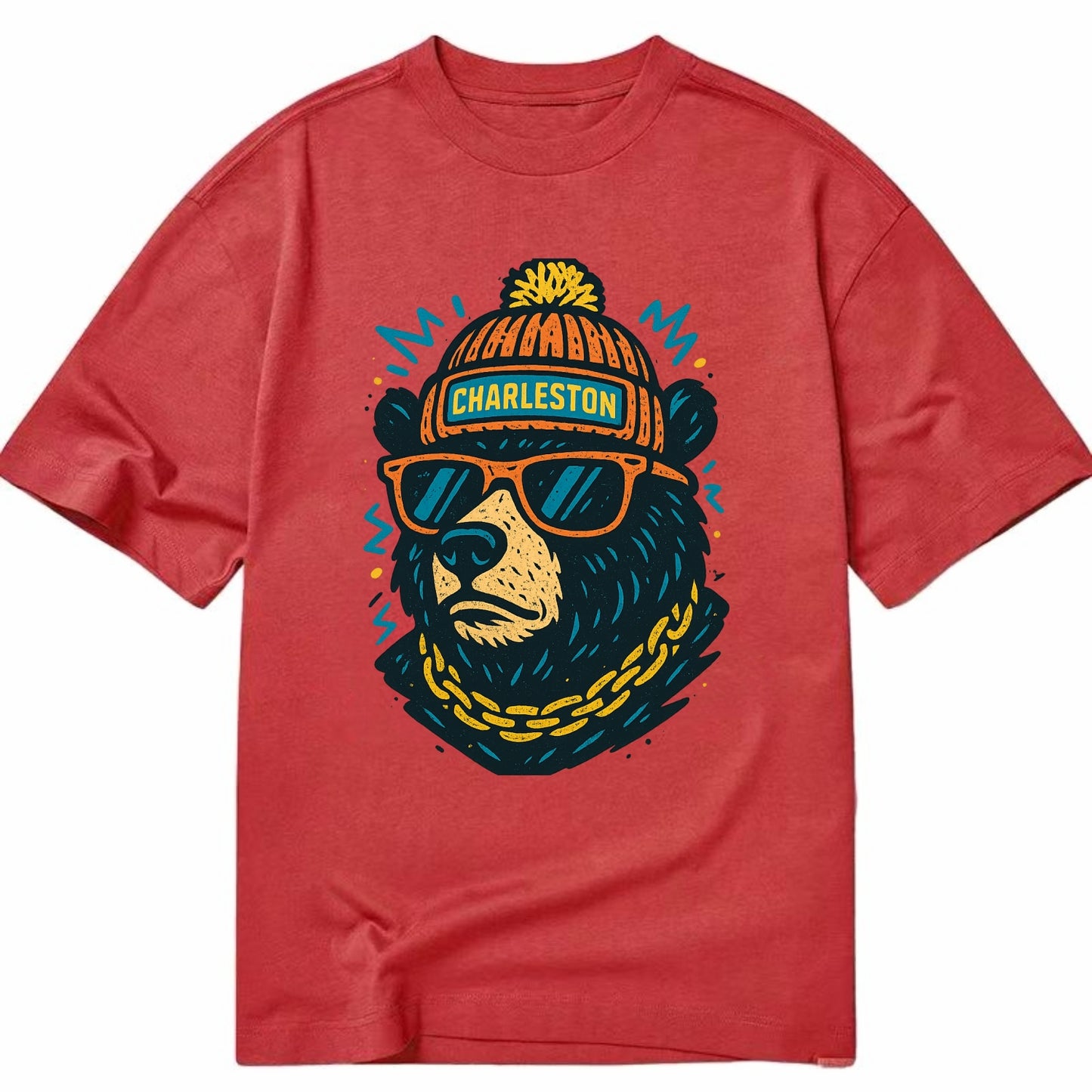 West Virginia Black Bear wearing Charleston beanie with pom pom and wayfarer - Classic T-shirt - Red