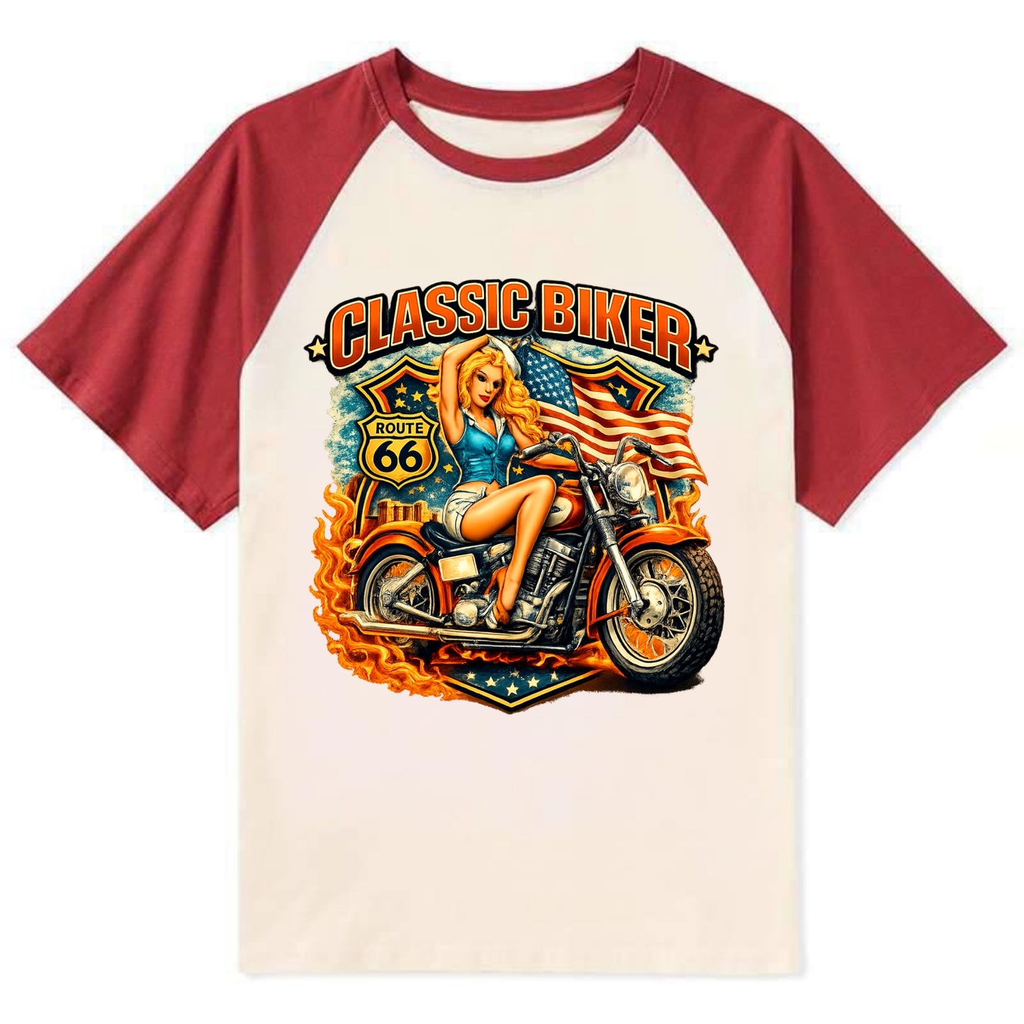 Classic Pinup Biker - Contrast Raglan T-shirt - Red