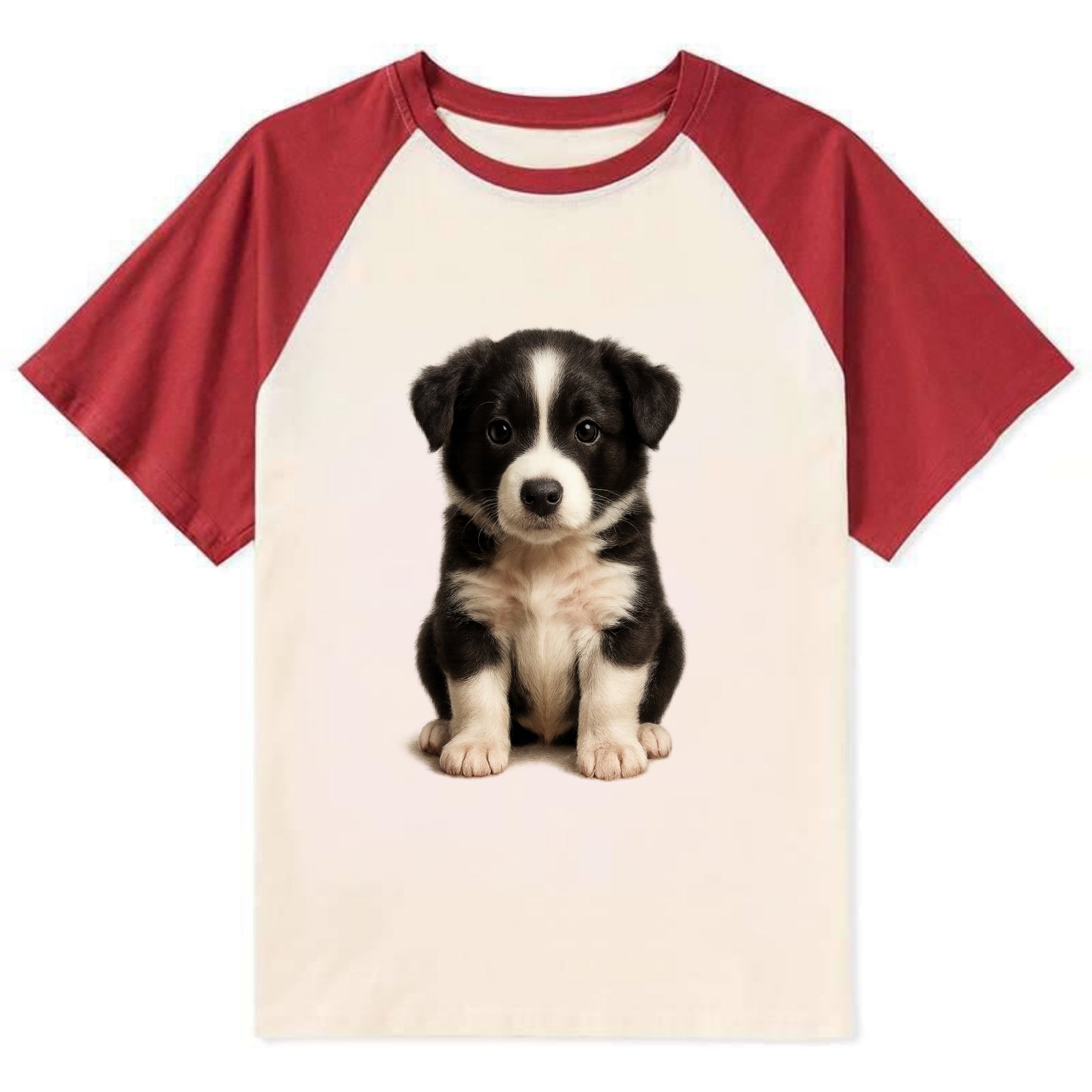 Baby Border Collie Puppy - black and white, intense smart eyes, athletic - Contrast Raglan T-shirt - Red