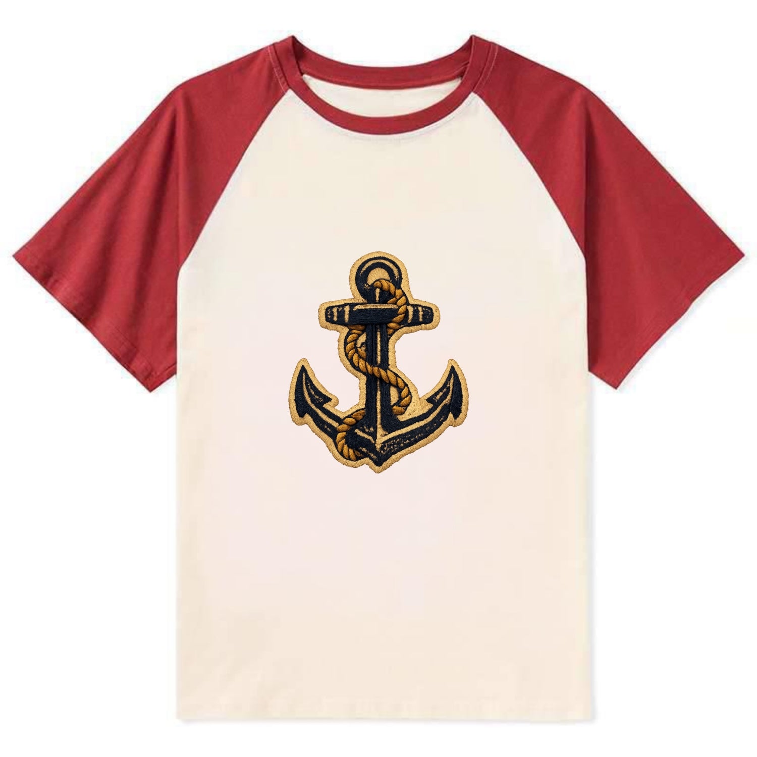 ANCHOR ROPE - classic anchor with rope in navy and gold , sailor - Contrast Raglan T-shirt - Red