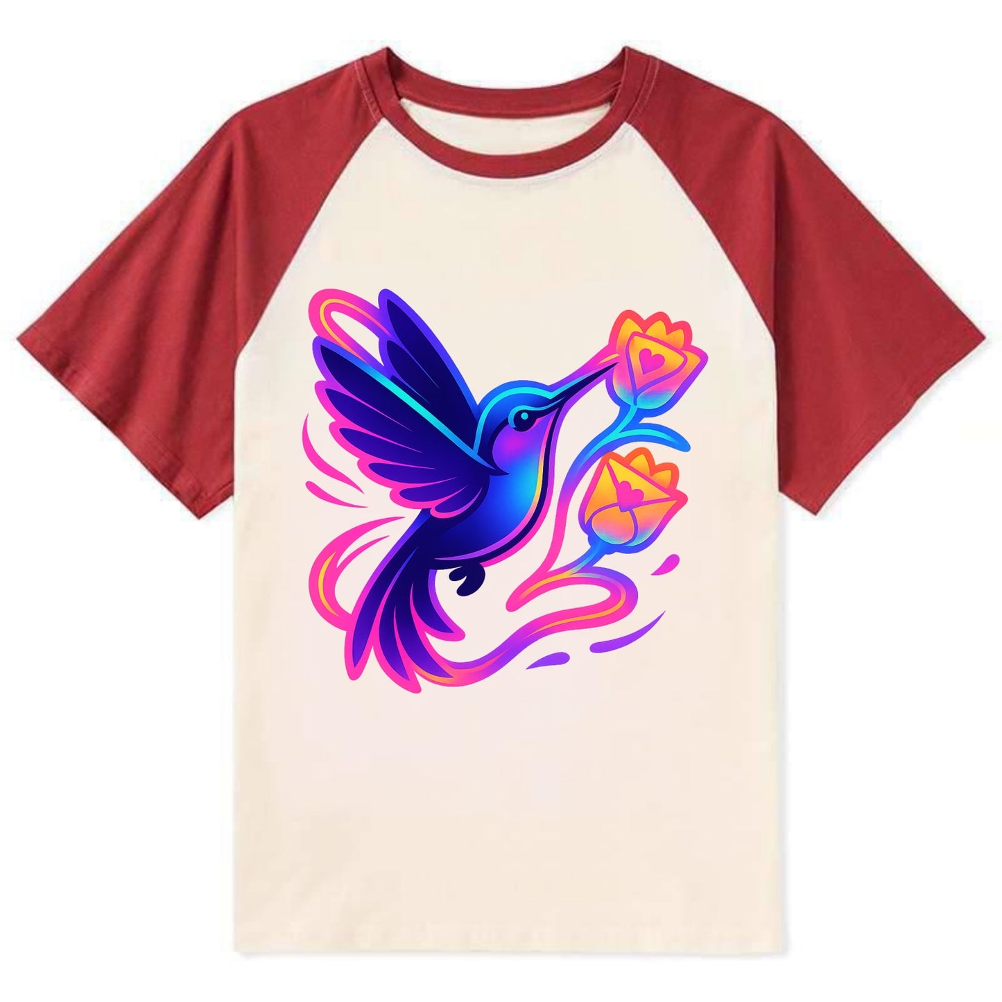 Hummingbird delivering miniature love letters tucked inside flower - Contrast Raglan T-shirt - Red