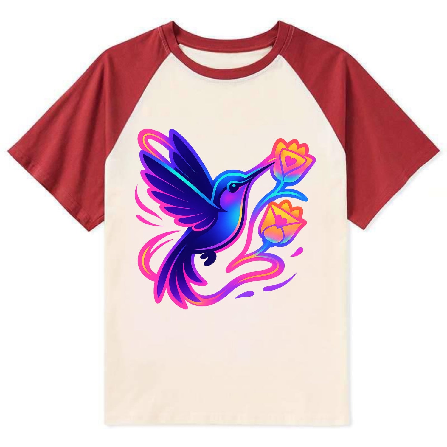 Hummingbird delivering miniature love letters tucked inside flower - Contrast Raglan T-shirt - Red