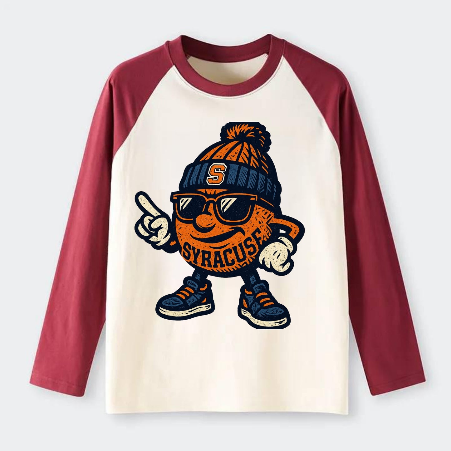 Syracuse Orange wearing Syracuse beanie with S patch - Raglan Long Sleeve T-Shirt - Red