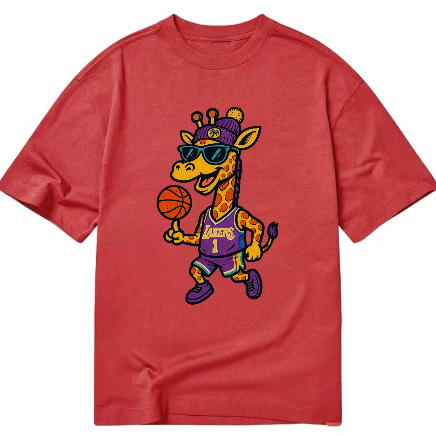 California Giraffe wearing Lakers beanie with palm tree patch and wayfarer - Classic T-shirt - Red