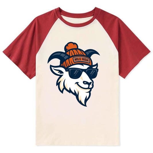 Denver Mountain Goat wearing Broncos beanie with Mile High patch and - Contrast Raglan T-shirt - Red