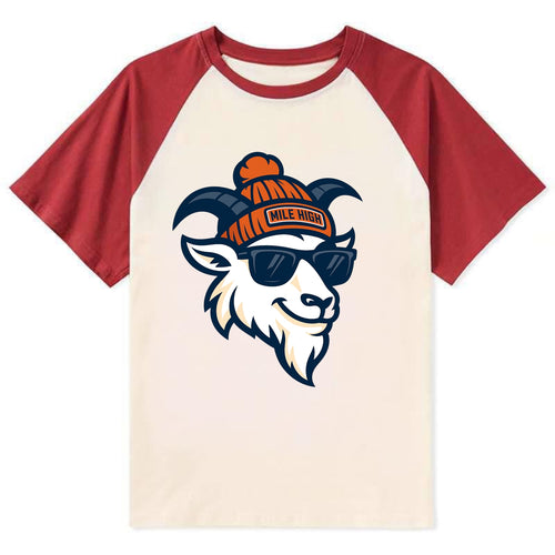 Denver Mountain Goat wearing Broncos beanie with Mile High patch and - Contrast Raglan T-shirt