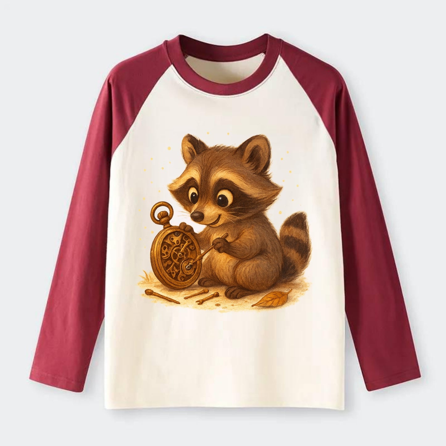 Raccoon tinkering with a steampunk pocket watch using tiny brass tools - Raglan Long Sleeve T-Shirt - Red
