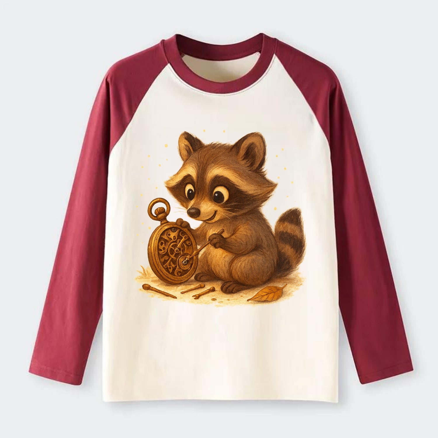 Raccoon tinkering with a steampunk pocket watch using tiny brass tools - Raglan Long Sleeve T-Shirt - Red