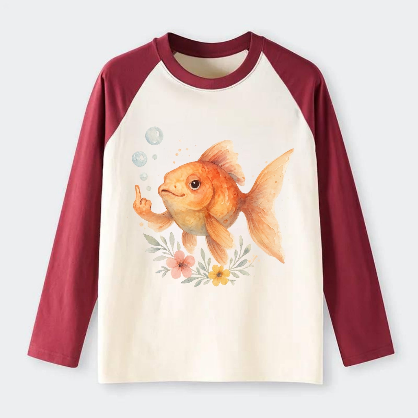 chubby goldfish blowing bubbles, one fin extended like middle finger - Raglan Long Sleeve T-Shirt - Red