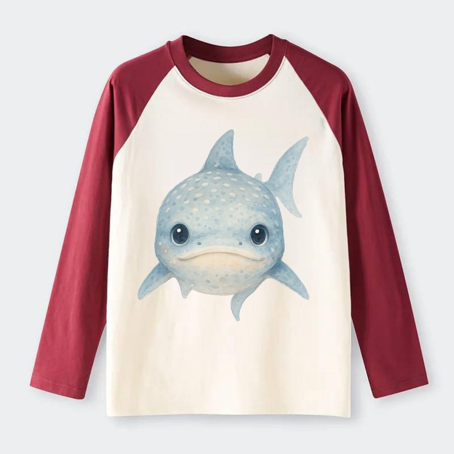 Baby Whale Shark - spotted blue-gray, wide mouth closed, tiny eyes, - Raglan Long Sleeve T-Shirt - Red