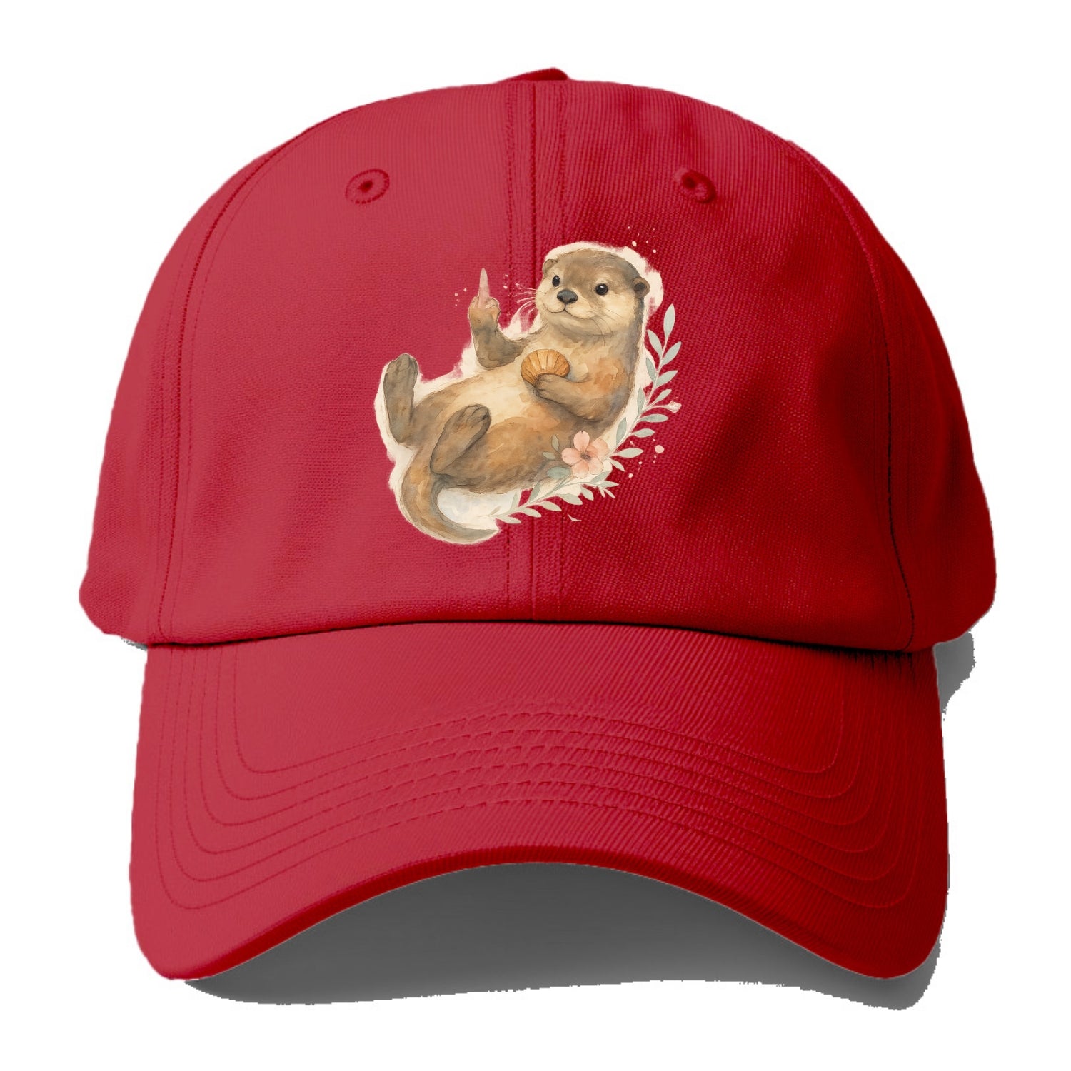 adorable otter floating on back, middle finger up while holding a shellfish - Baseball Cap - Red