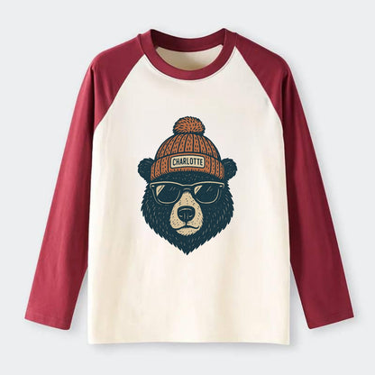 North Carolina Black Bear wearing Charlotte beanie with pom pom and - Raglan Long Sleeve T-Shirt - Red