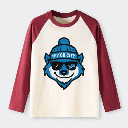 Motor City Wolverine wearing Lions beanie with gear patch and wayfarer - Raglan Long Sleeve T-Shirt - Red