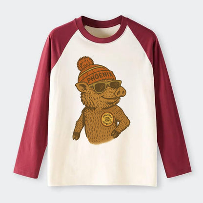 Phoenix Javelina wearing Phoenix beanie with pom pom and wayfarer - Raglan Long Sleeve T-Shirt - Red
