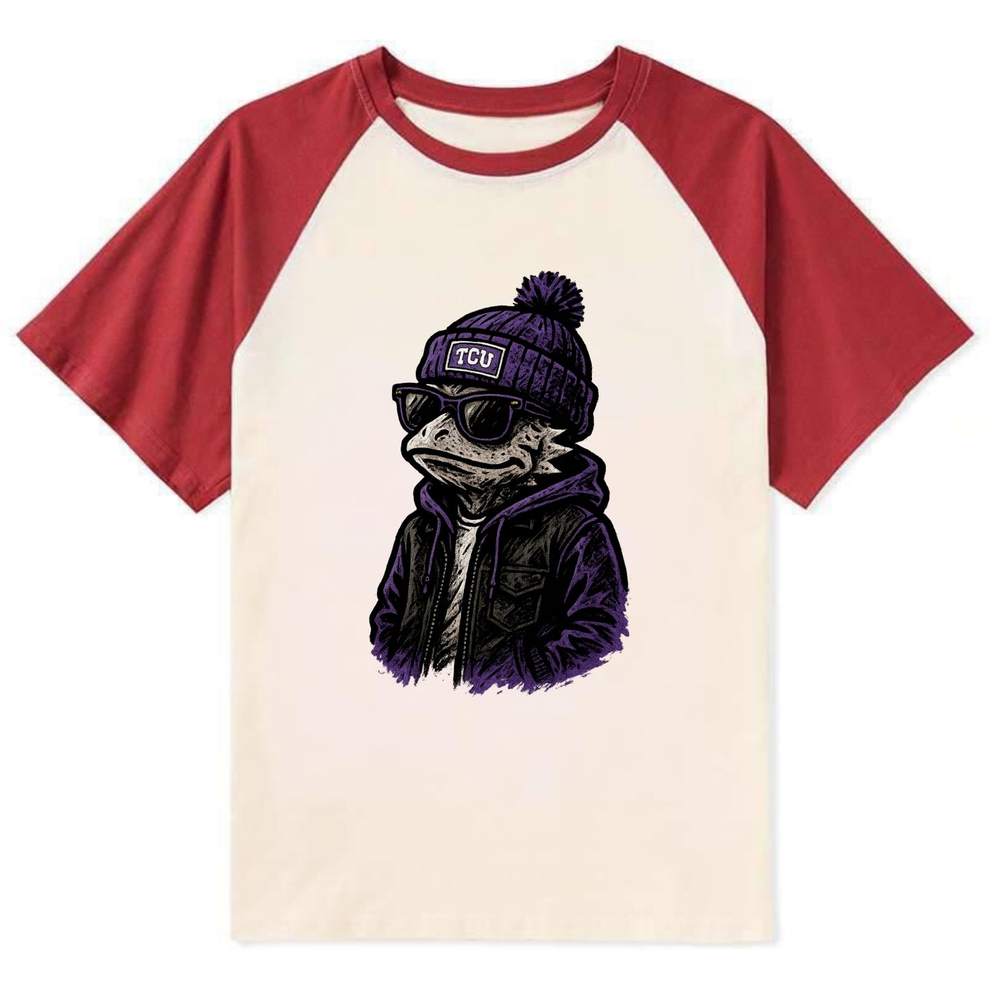 Fort Worth Frog wearing TCU beanie with horned patch - Contrast Raglan T-shirt - Red