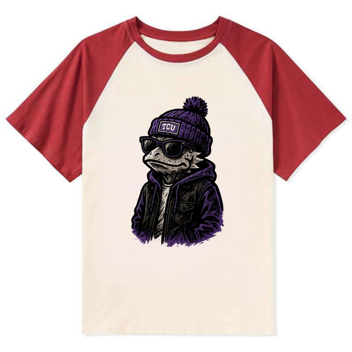Fort Worth Frog wearing TCU beanie with horned patch - Contrast Raglan T-shirt - Red