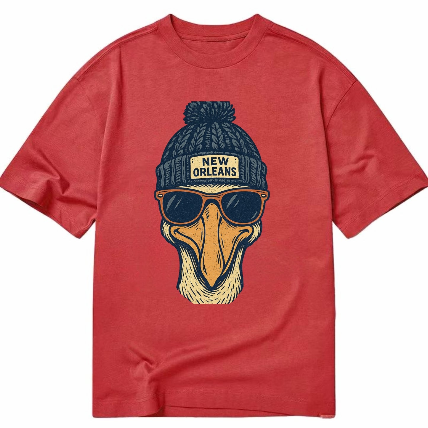 New Orleans Pelican wearing New Orleans beanie with pom pom and wayfarer - Classic T-shirt - Red