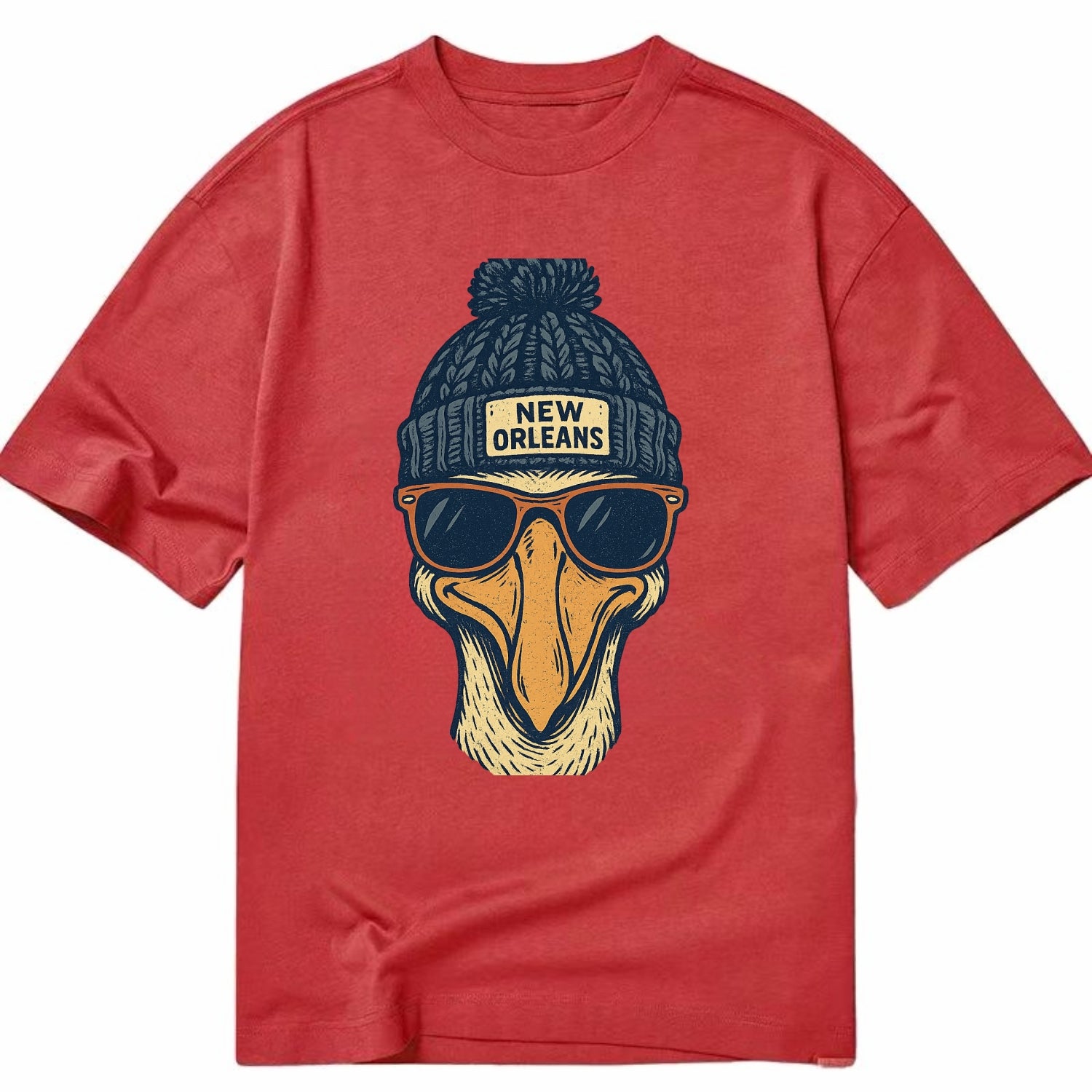 New Orleans Pelican wearing New Orleans beanie with pom pom and wayfarer - Classic T-shirt - Red