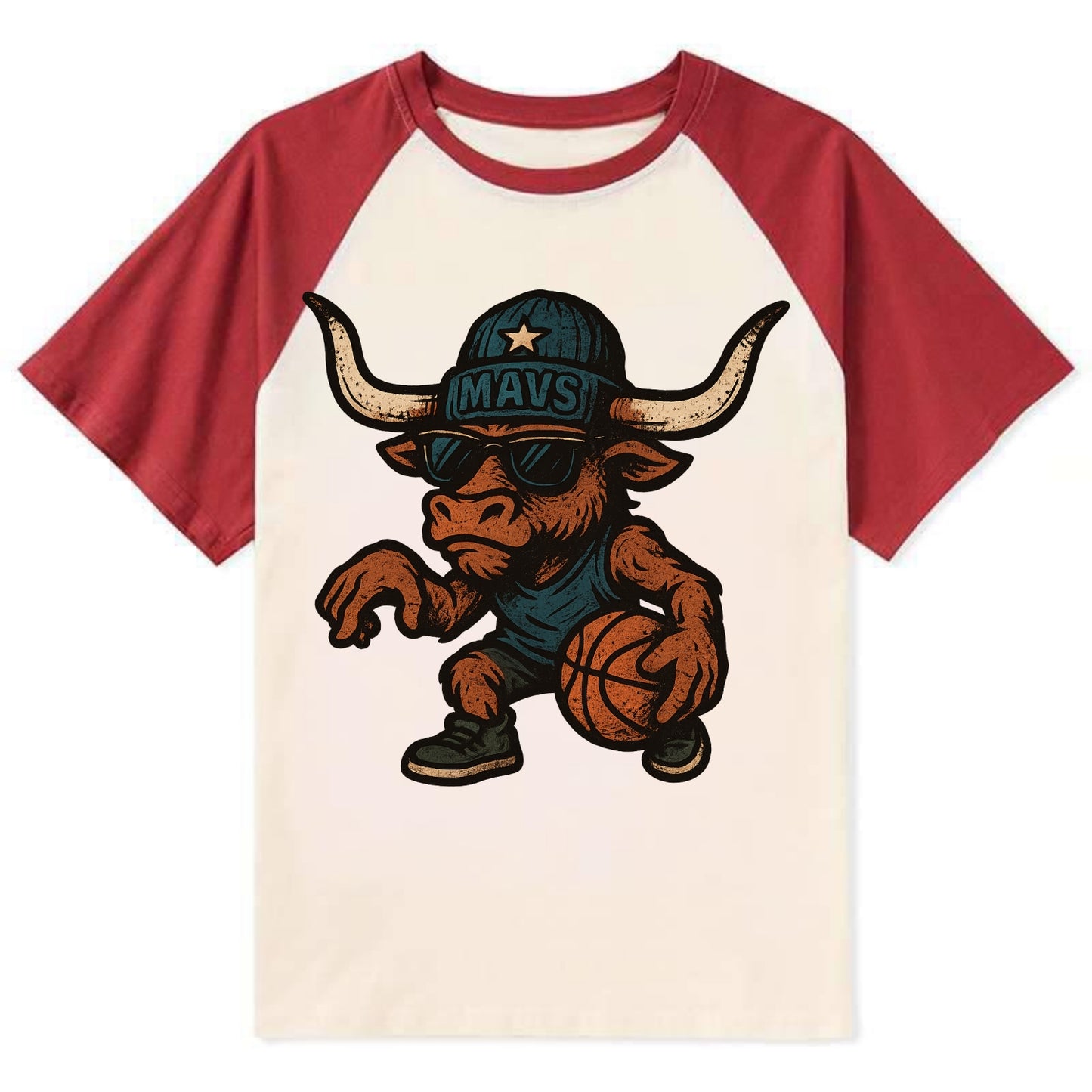 Texas Longhorn wearing Mavs beanie with lone star patch and wayfarer - Contrast Raglan T-shirt - Red