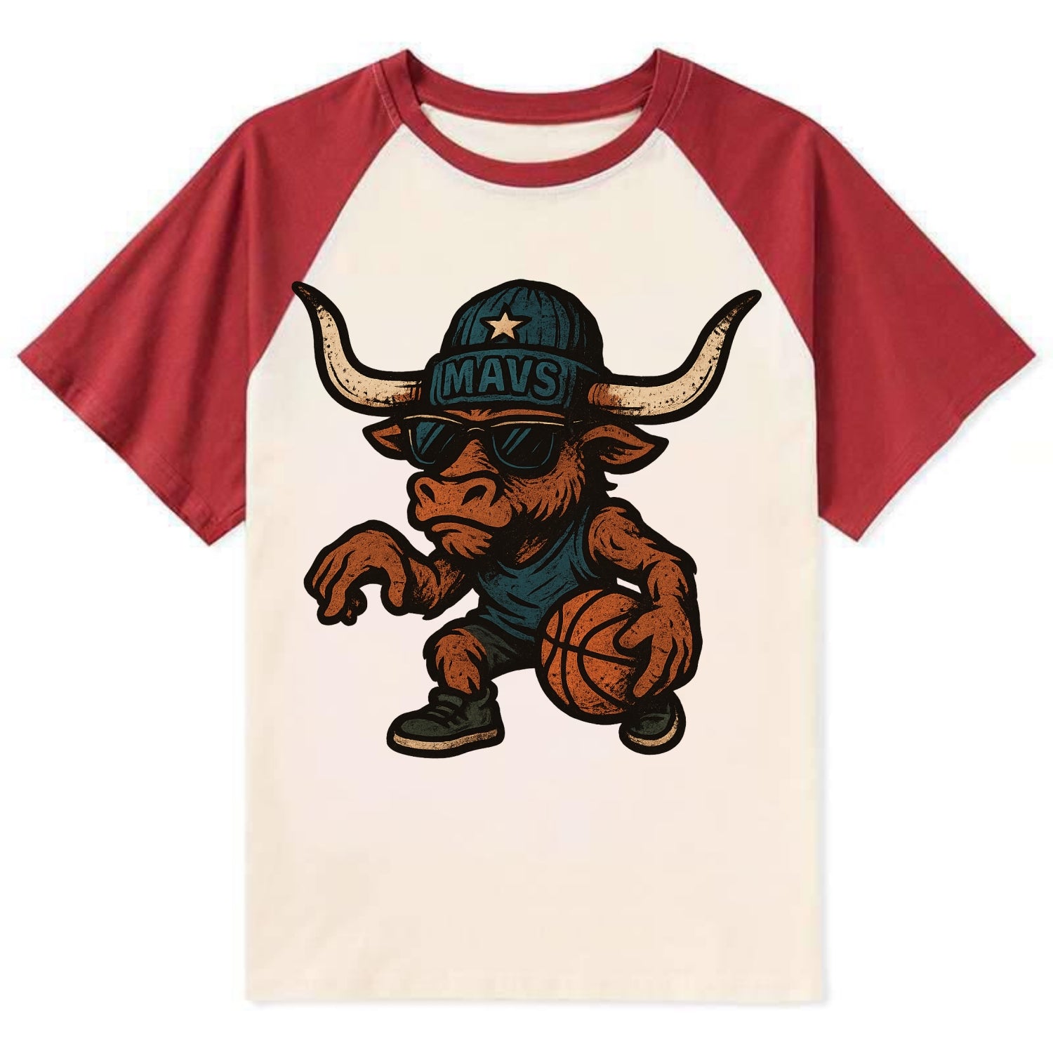 Texas Longhorn wearing Mavs beanie with lone star patch and wayfarer - Contrast Raglan T-shirt - Red