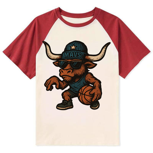 Texas Longhorn wearing Mavs beanie with lone star patch and wayfarer - Contrast Raglan T-shirt