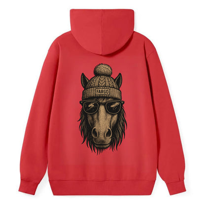 North Dakota Nokota Horse wearing Fargo beanie with pom pom and wayfarer - Classic Pullover Hoodie - Red