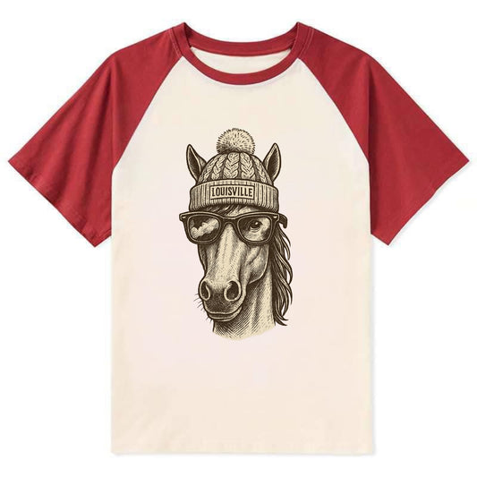 Kentucky Thoroughbred Horse wearing Louisville beanie with pom pom and - Contrast Raglan T-shirt - Red