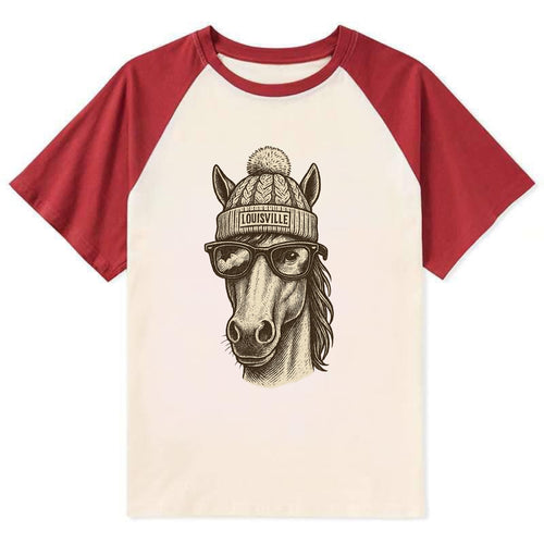 Kentucky Thoroughbred Horse wearing Louisville beanie with pom pom and - Contrast Raglan T-shirt