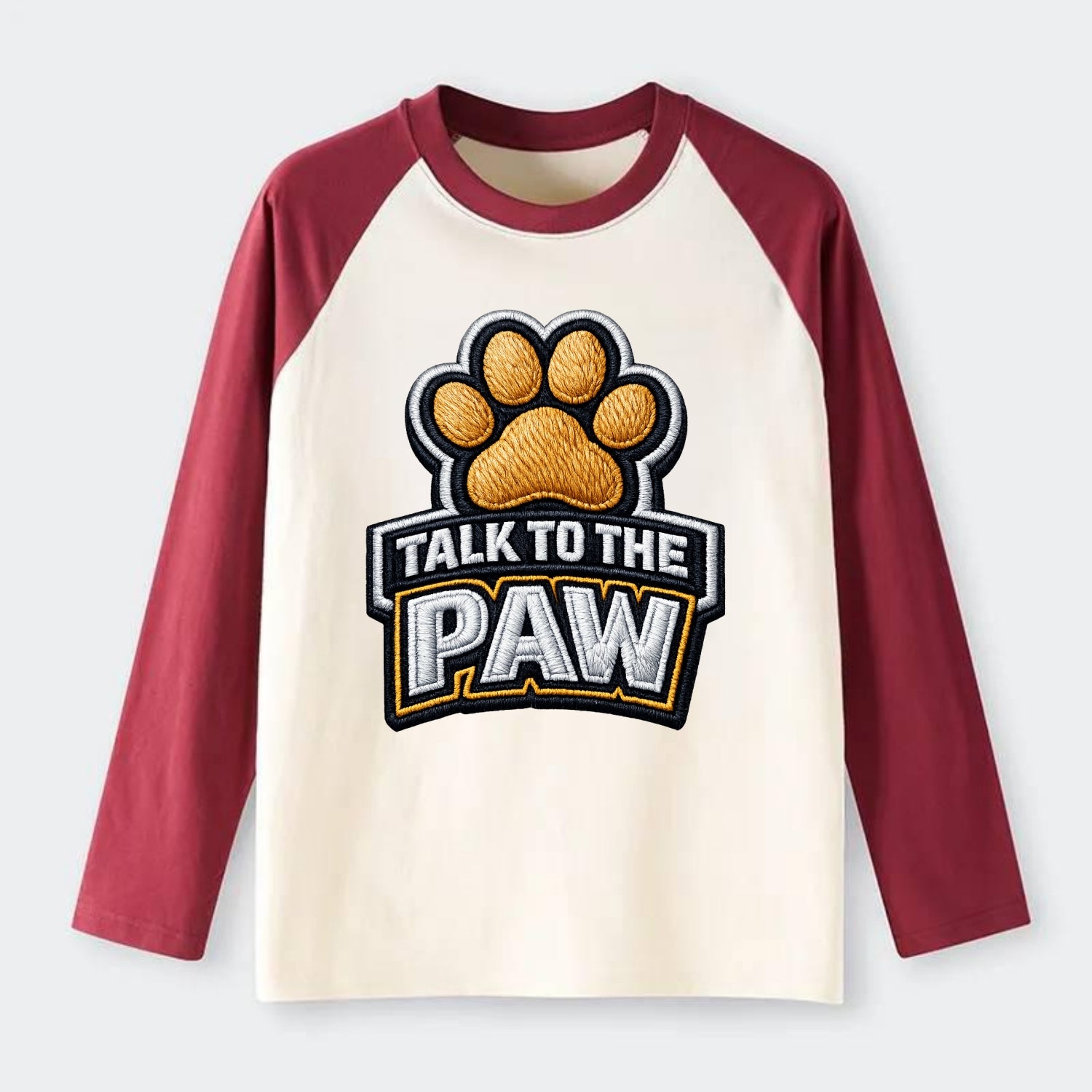 TALK TO THE PAW - raised paw in tan , sassy pet - Raglan Long Sleeve T-Shirt - Red