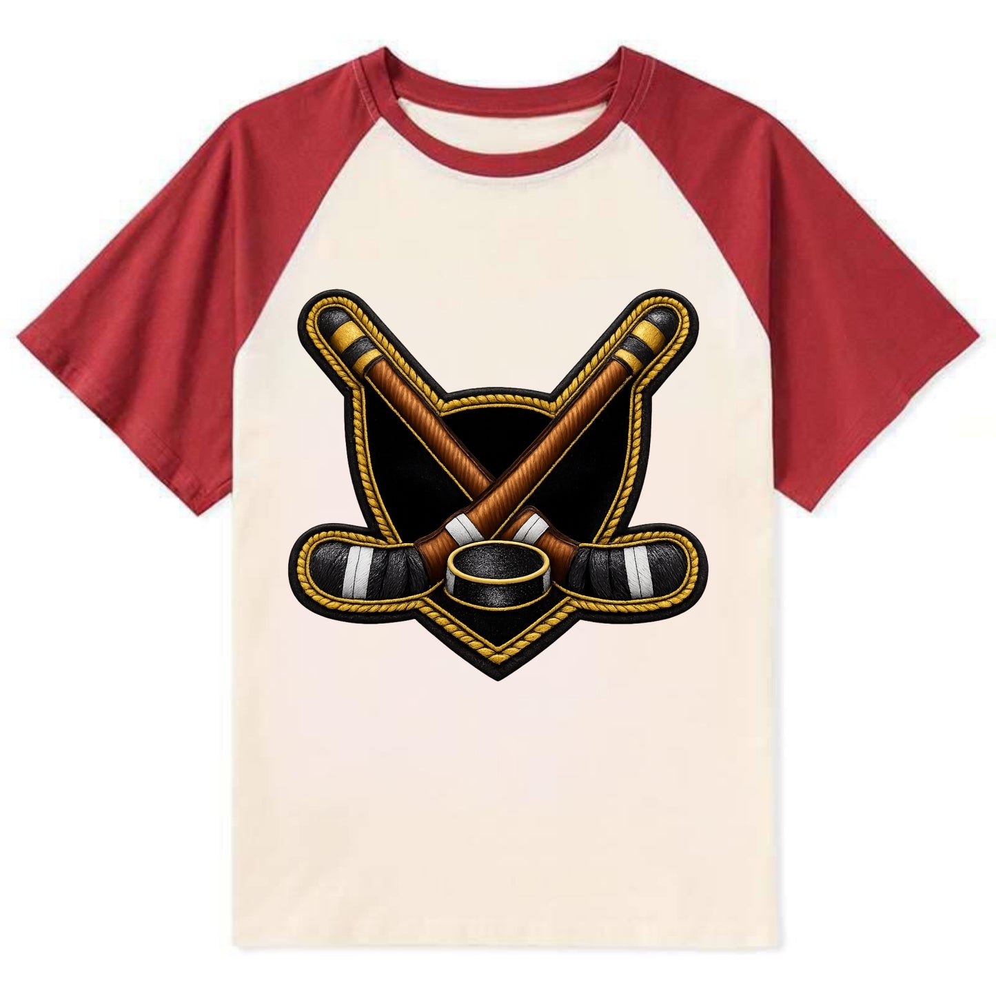 Embroidered patch design - HOCKEY CROSSED STICKS - ice hockey sticks with - Contrast Raglan T-shirt - Red