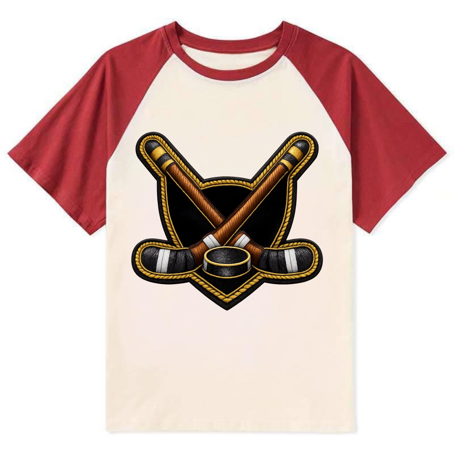 Embroidered patch design - HOCKEY CROSSED STICKS - ice hockey sticks with - Contrast Raglan T-shirt - Red