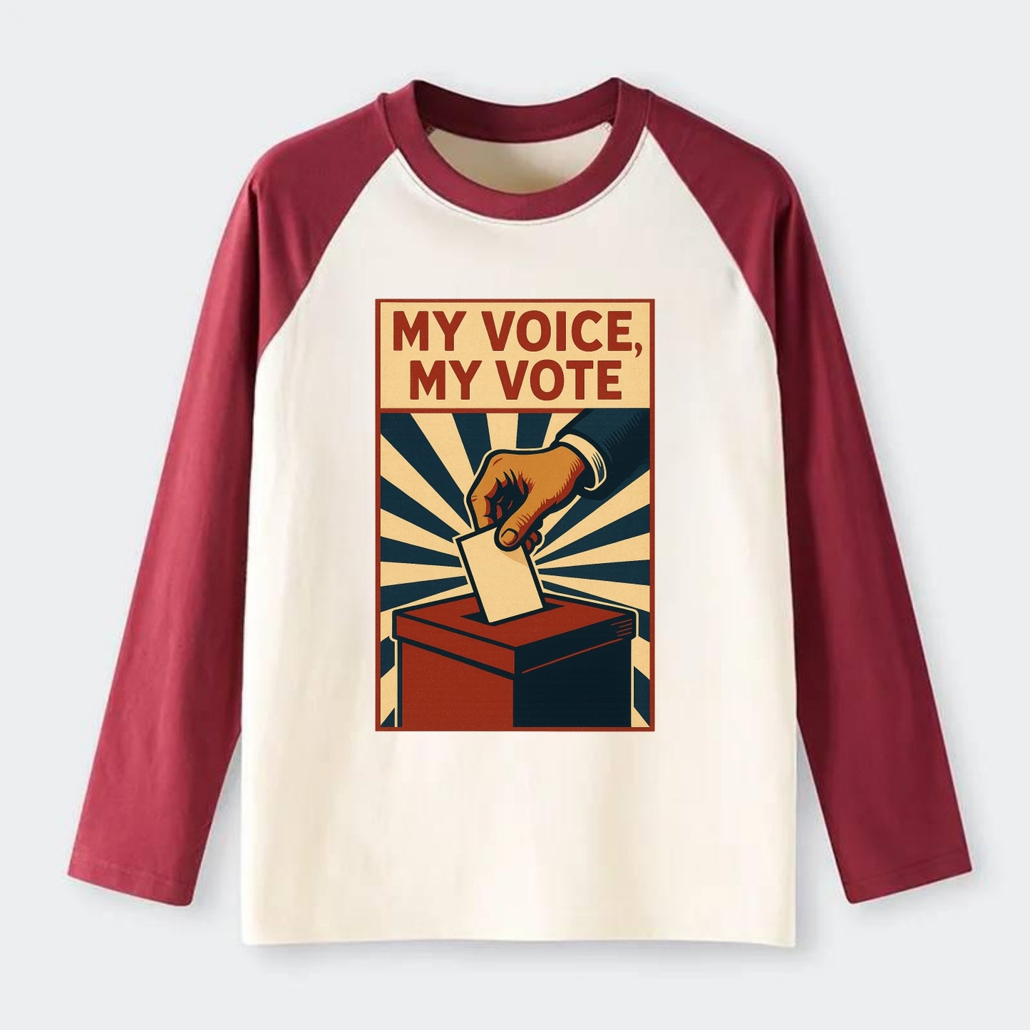 Hand dropping ballot into box with determination - "My Voice, My Vote" - Raglan Long Sleeve T-Shirt - Red