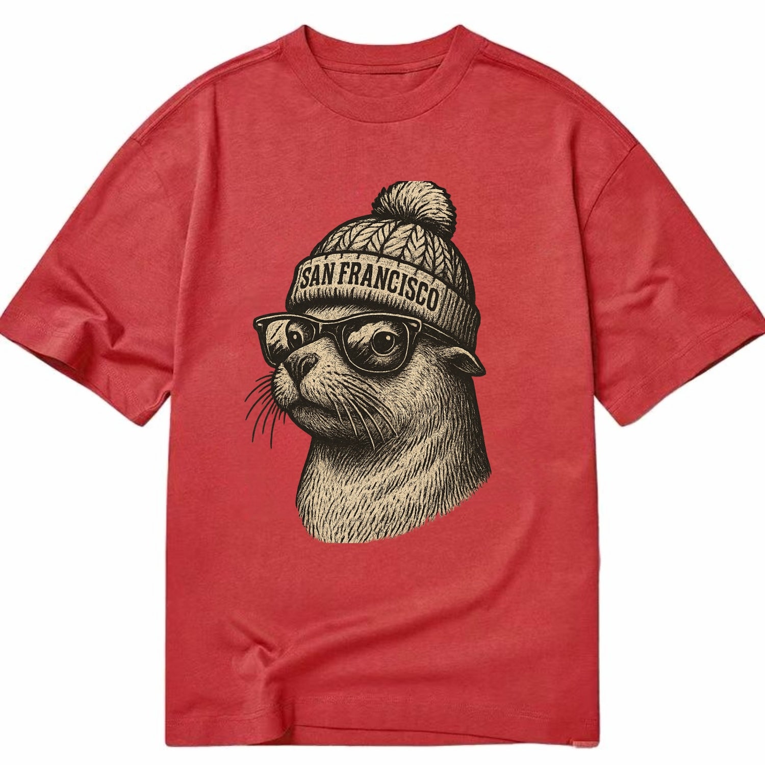 San Francisco Sea Lion wearing San Francisco beanie with pom pom and wayfarer - Classic T-shirt - Red