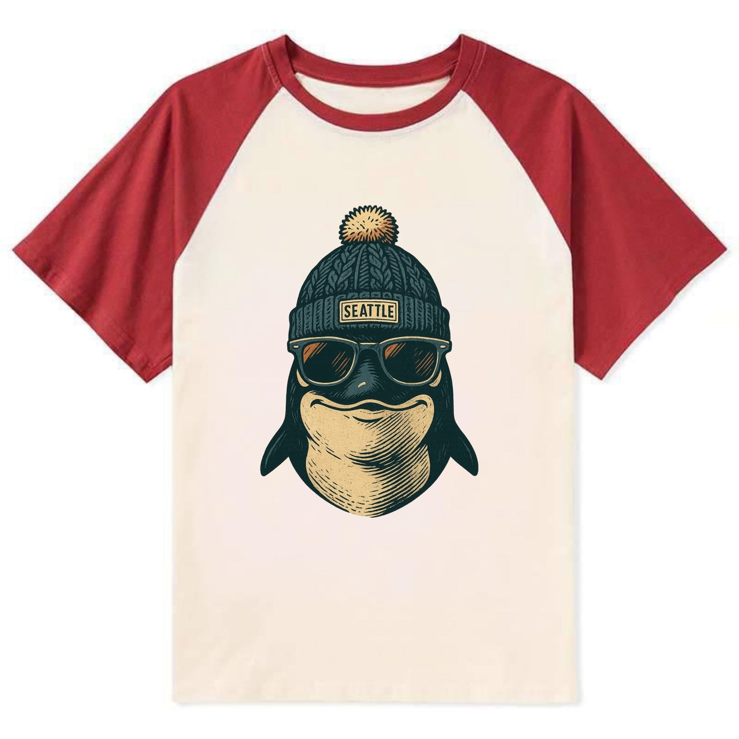 Washington Orca wearing Seattle beanie with pom pom and wayfarer - Contrast Raglan T-shirt - Red