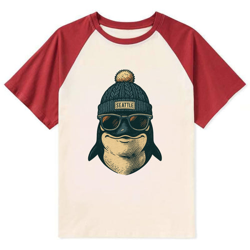 Washington Orca wearing Seattle beanie with pom pom and wayfarer - Contrast Raglan T-shirt