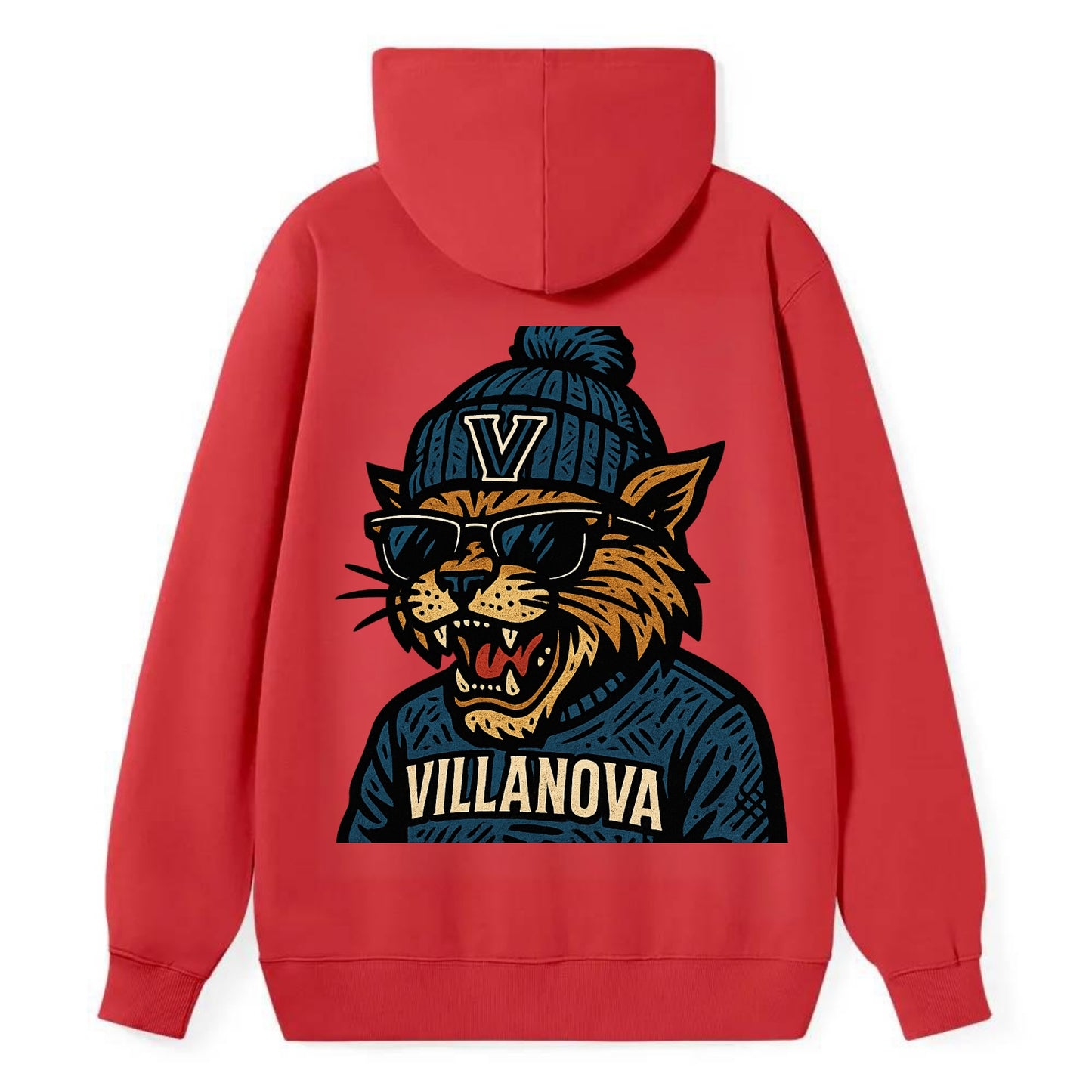 Villanova Wildcat wearing Villanova beanie with V patch - Classic Pullover Hoodie - Red