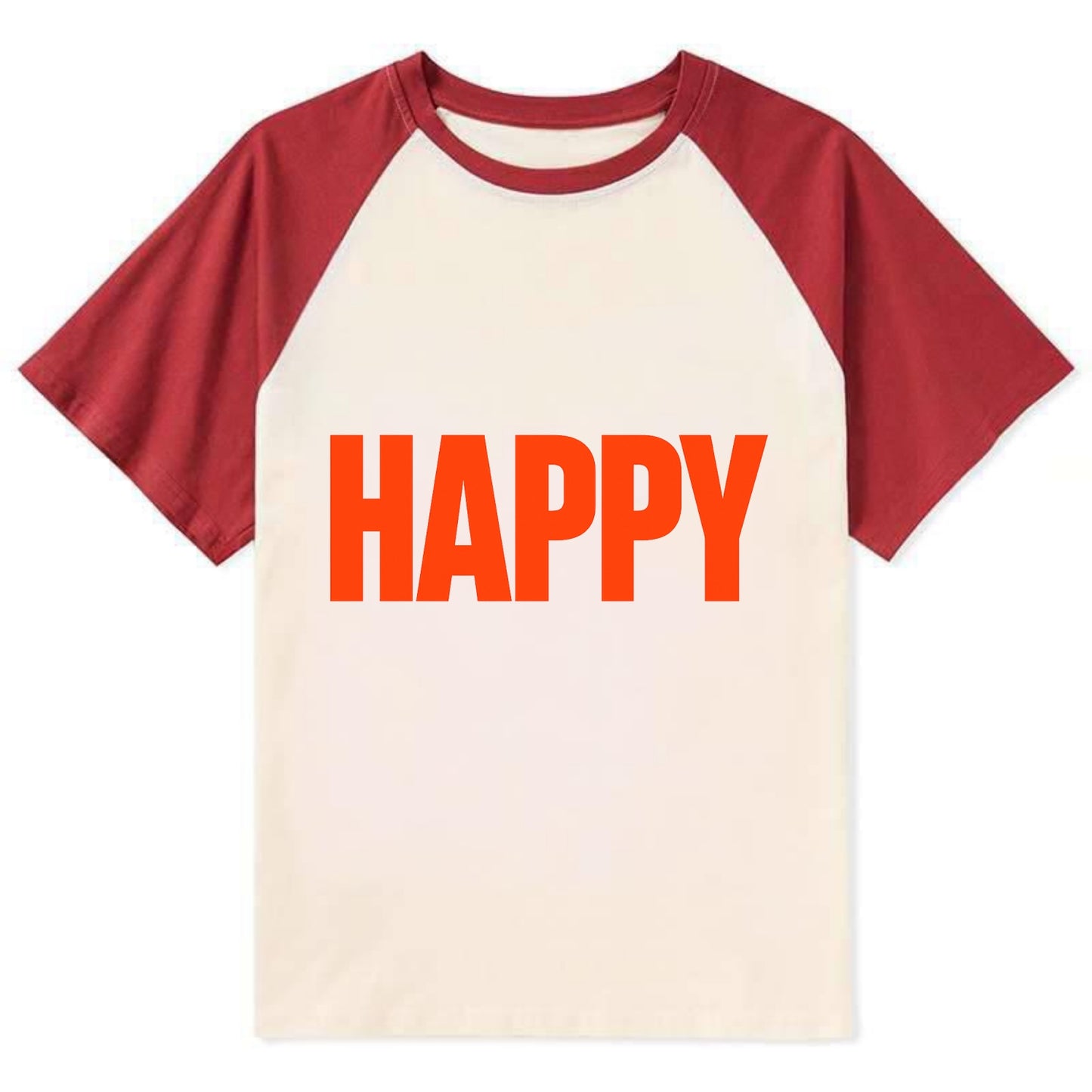 Bold typography design - "HAPPY" - joyful, content, pleased - Contrast Raglan T-shirt - Red