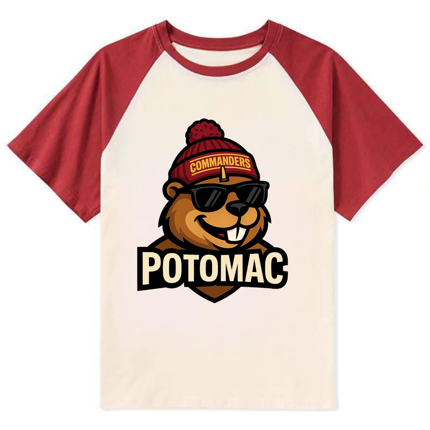 Potomac Beaver wearing Commanders beanie with monument patch and wayfarer - Contrast Raglan T-shirt - Red