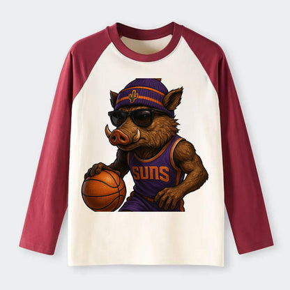 Phoenix Javelina wearing Suns beanie with cactus patch and wayfarer - Raglan Long Sleeve T-Shirt - Red